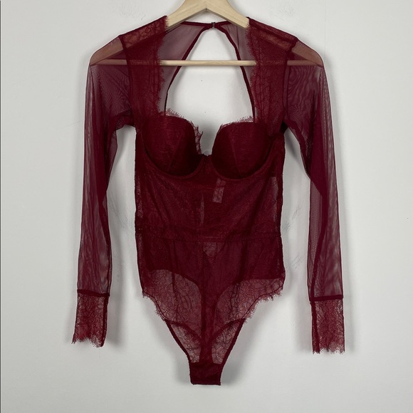 Victoria's Secret Tops - Victoria's Secret Sheer Lace Women's 34A Teddy Thong Long Sleeve Padded Bodysuit